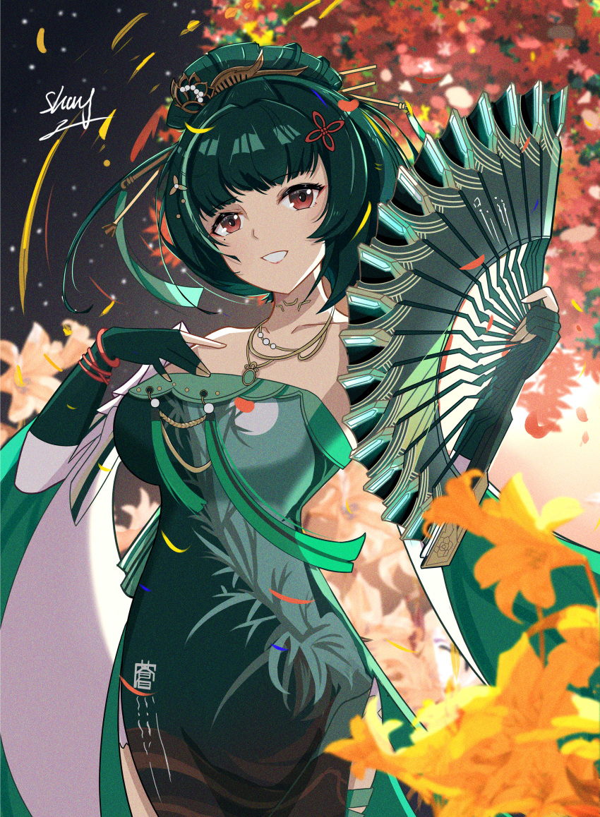 1girl absurdres bare_shoulders brown_eyes china_dress chinese_clothes detached_sleeves dress elbow_gloves fingerless_gloves flower gloves green_gloves green_hair hair_ornament hand_fan hanying_(punishing:_gray_raven) highres holding holding_fan jewelry medium_hair necklace open_mouth punishing:_gray_raven red_dress sidelocks signature wide_sleeves