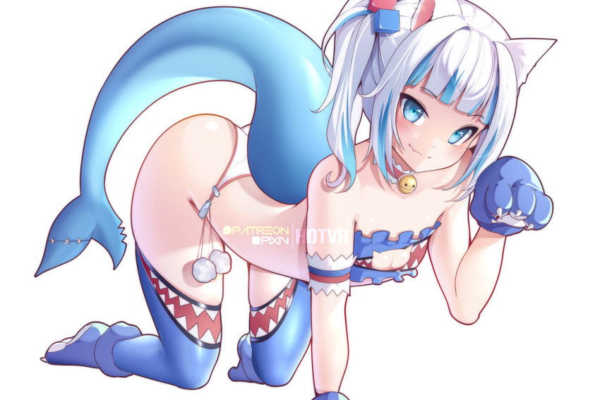 1girl all_fours alternate_costume animal_ears animal_hands blue_eyes blue_gloves blue_hair blue_thighhighs cat_cutout cat_ears cat_lingerie closed_mouth clothing_cutout commentary cube_hair_ornament english_commentary fins fish_tail flat_chest gawr_gura gloves hair_ornament hololive hololive_english hot_vr looking_at_viewer meme_attire multicolored_hair patreon_username paw_gloves paw_pose shark_girl shark_tail sidelocks simple_background smile solo streaked_hair tail thighhighs virtual_youtuber white_background white_hair