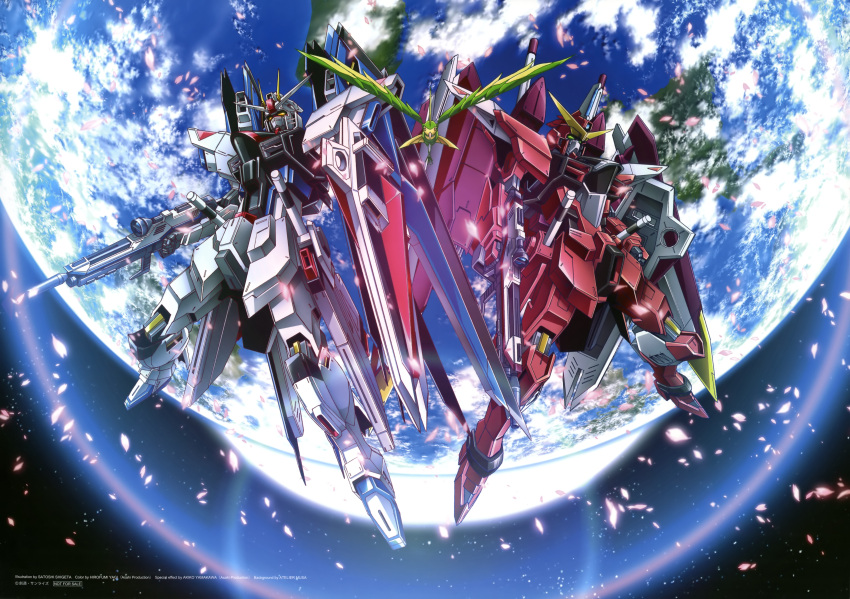 absurdres beam_rifle beam_saber birdy_(gundam) earth_(planet) energy_gun freedom_gundam gun gundam gundam_perfect_file gundam_seed highres holding holding_shield holding_weapon humanoid_robot justice_gundam mecha mobile_suit no_humans official_art planet rifle robot robot_bird shield shigeta_satoshi v-fin weapon