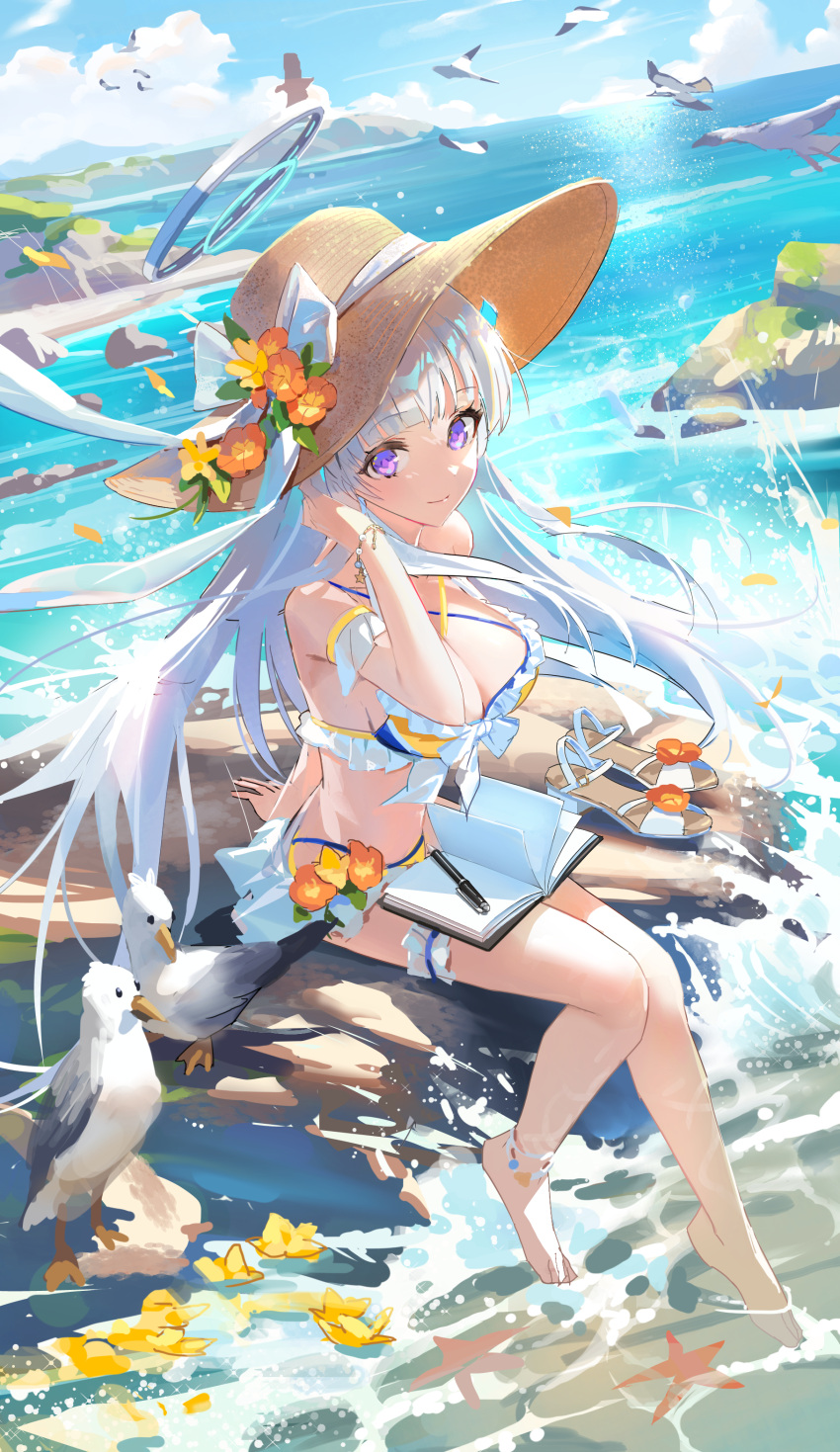 1girl absurdres animal bare_legs bare_shoulders barefoot bikini bird blue_archive book breasts brown_headwear butyou_(mika1412) cleavage closed_mouth day flower grey_hair halo hat hat_flower highres large_breasts long_hair mechanical_halo noa_(blue_archive) open_book orange_flower outdoors pen purple_eyes seagull smile solo swimsuit yellow_bikini