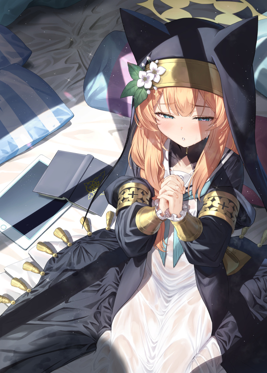 1girl animal_ear_headwear aqua_neckerchief bed_sheet black_headwear blue_archive blue_eyes blush book coif commentary_request flower habit halo hat hat_flower highres interlocked_fingers long_hair long_sleeves looking_at_viewer mari_(blue_archive) matanonki neckerchief nun orange_hair own_hands_clasped own_hands_together parted_lips pillow solo tablet_pc wet wet_clothes white_flower yellow_halo
