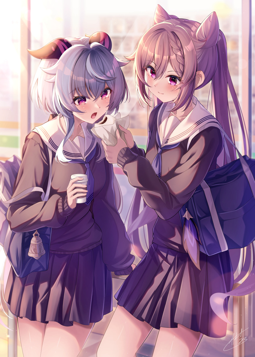 2girls absurdres animal_ears bag bell black_horns black_skirt blue_hair blue_necktie braid cat_ears coffee_cup cup disposable_cup feathers ganyu_(genshin_impact) genshin_impact hair_between_eyes hair_ears highres horns keqing_(genshin_impact) light_blush long_hair looking_at_food multiple_girls napkin necktie open_mouth pink_eyes ponytail purple_feathers purple_hair school_bag school_uniform shared_food shiny_eyes side_braid skirt takemura_kou thighs two-tone_horns uniform