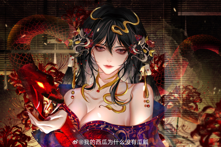 1girl absurdres bare_shoulders bei_lulu_gan_butaihao black_hair chi_lian_(qin_shi_ming_yue) closed_mouth dress fangs flower glowing glowing_eyes highres long_hair looking_at_viewer off-shoulder_dress off_shoulder open_mouth qinshi_mingyue red_dress red_nails second-party_source smile snake solo spider_lily windowsill