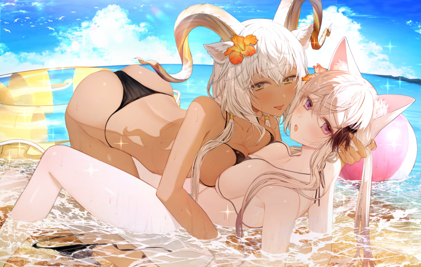 2girls :o animal_ear_fluff animal_ears arknights ass ball beachball beeswax_(arknights) bikini bikini_bottom_removed bikini_top_only black_bikini blue_sky blush breast_press breasts cardigan_(arknights) cleavage cloud commission dark-skinned_female dark_skin dog_ears dog_girl flower goat_ears goat_girl goat_horns hair_flower hair_ornament hand_on_another's_head highres horns innertube interracial large_breasts long_hair looking_at_viewer lying multiple_girls ocean on_back open_mouth outdoors purple_eyes skeb_commission sky smile swimsuit syandega symmetrical_docking thighs tongue tongue_out water wet white_hair yellow_eyes yuri