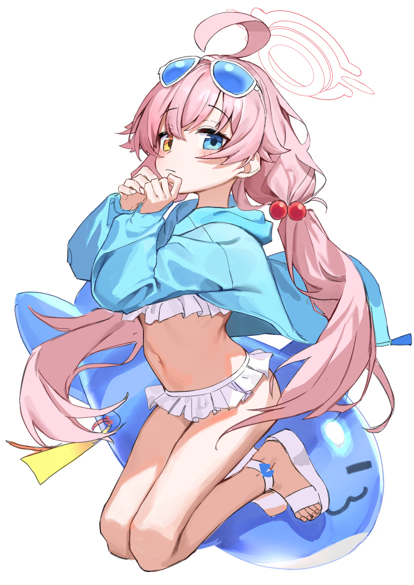 1girl absurdres ahoge aqua_jacket beads bikini bikini_under_clothes blue_archive blue_jacket blush eyewear_on_head feet frilled_bikini frills full_body hair_beads hair_bobbles hair_ornament halo haruyuki_(gffewuoutgblubh) heterochromia highres hood hooded_jacket hoshino_(blue_archive) hoshino_(swimsuit)_(blue_archive) inflatable_orca inflatable_toy jacket legs legs_folded long_hair long_sleeves looking_at_viewer navel official_alternate_costume pink_hair platform_footwear sand sandals simple_background solo stomach swimsuit tinted_eyewear toenails toes twintails very_long_hair white_background white_bikini