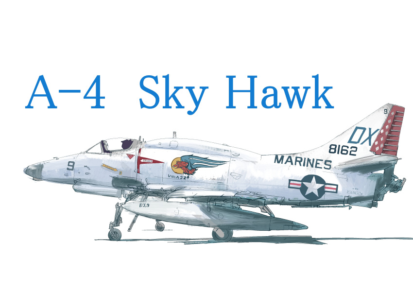 a-4_skyhawk absurdres aircraft airplane arrow_(symbol) boku_wa_shougakusei colored_text commentary_request english_commentary english_text fighter_jet highres jet military military_vehicle mixed-language_commentary motor_vehicle no_humans original roundel shadow simple_background star_(symbol) triangle united_states_marine_corps vehicle_focus vehicle_name wheel white_background