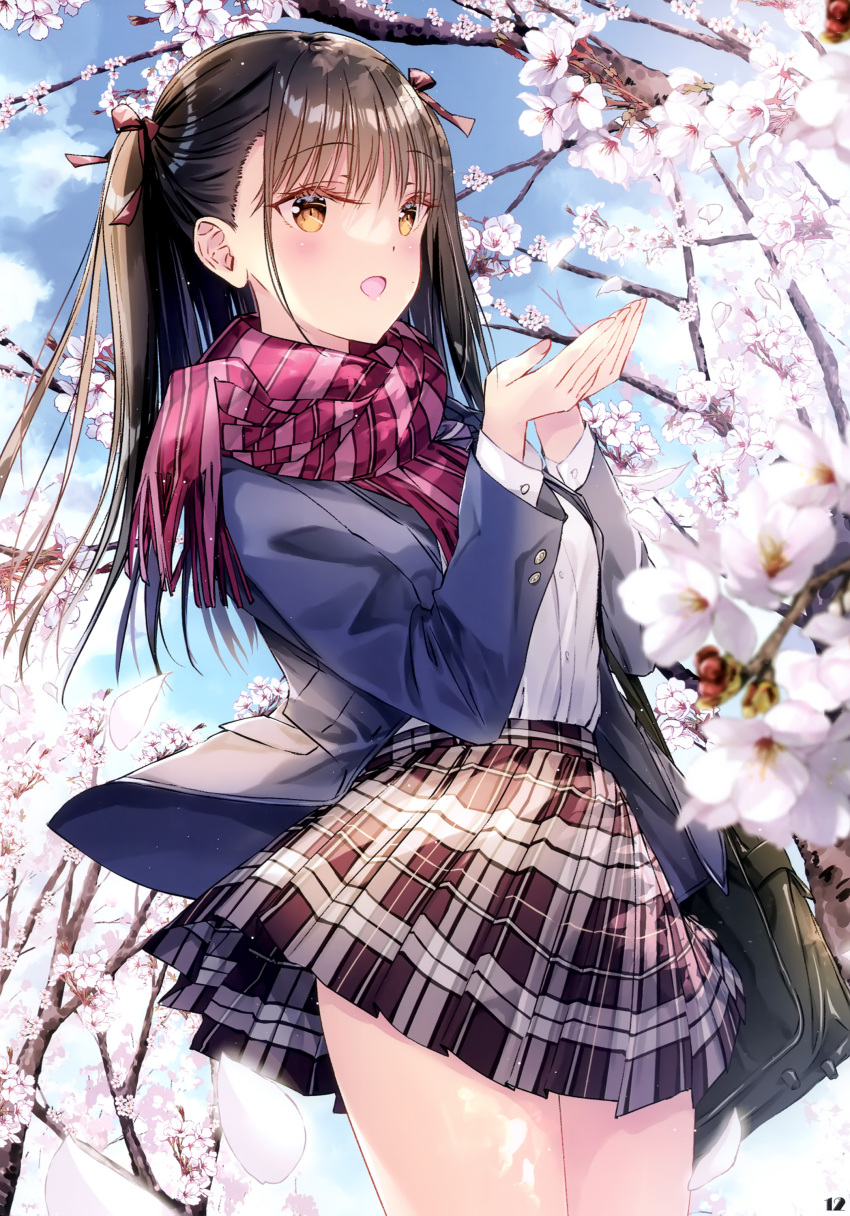 1girl absurdres bag blazer blue_sky blush bow branch breasts brown_eyes brown_hair buttons cherry_blossoms cloud cloudy_sky day fingernails flower hair_bow hands_up highres holding jacket kobayashi_chisato long_hair long_sleeves open_clothes open_mouth original outdoors pleated_skirt scan scarf school_bag school_uniform shirt simple_background skirt sky small_breasts smile solo thighs twintails white_shirt winter_clothes