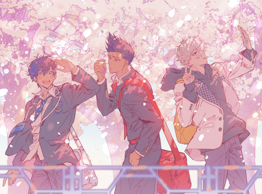 3boys :d :p absurdres arm_up backpack bag barou_shouei black_hair blazer blue_eyes blue_hair blue_hoodie blue_jacket blue_lock blue_necktie blue_pants blush bomber_tarou buttons cellphone cherry_blossoms closed_mouth collared_shirt commentary cowboy_shot day diagonal-striped_necktie emblem grey_bag hair_between_eyes hand_in_pocket hand_up highres holding holding_phone hood hood_down hoodie isagi_yoichi jacket lapels long_sleeves male_focus multiple_boys nagi_seishirou necktie open_clothes open_jacket open_mouth outdoors pants petal_on_nose petals phone pocket railing red_bag red_eyes school_bag school_uniform selfie shirt short_hair shoulder_bag smartphone smile standing symbol-only_commentary teeth tongue tongue_out tree upper_teeth_only v walking white_hair white_jacket white_shirt wing_collar yellow_bag