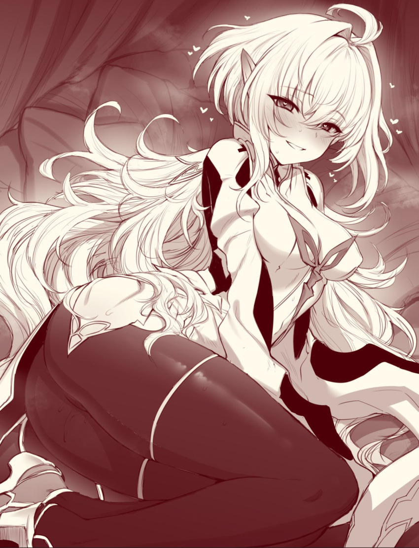 1girl ahoge ass bed breasts fate/grand_order fate/prototype fate_(series) greyscale grin heart highres large_breasts long_hair long_sleeves looking_at_viewer lying m-da_s-tarou merlin_(fate/prototype) monochrome on_bed pants pillow pointy_ears robe smile solo thighs tight tight_pants very_long_hair wide_sleeves