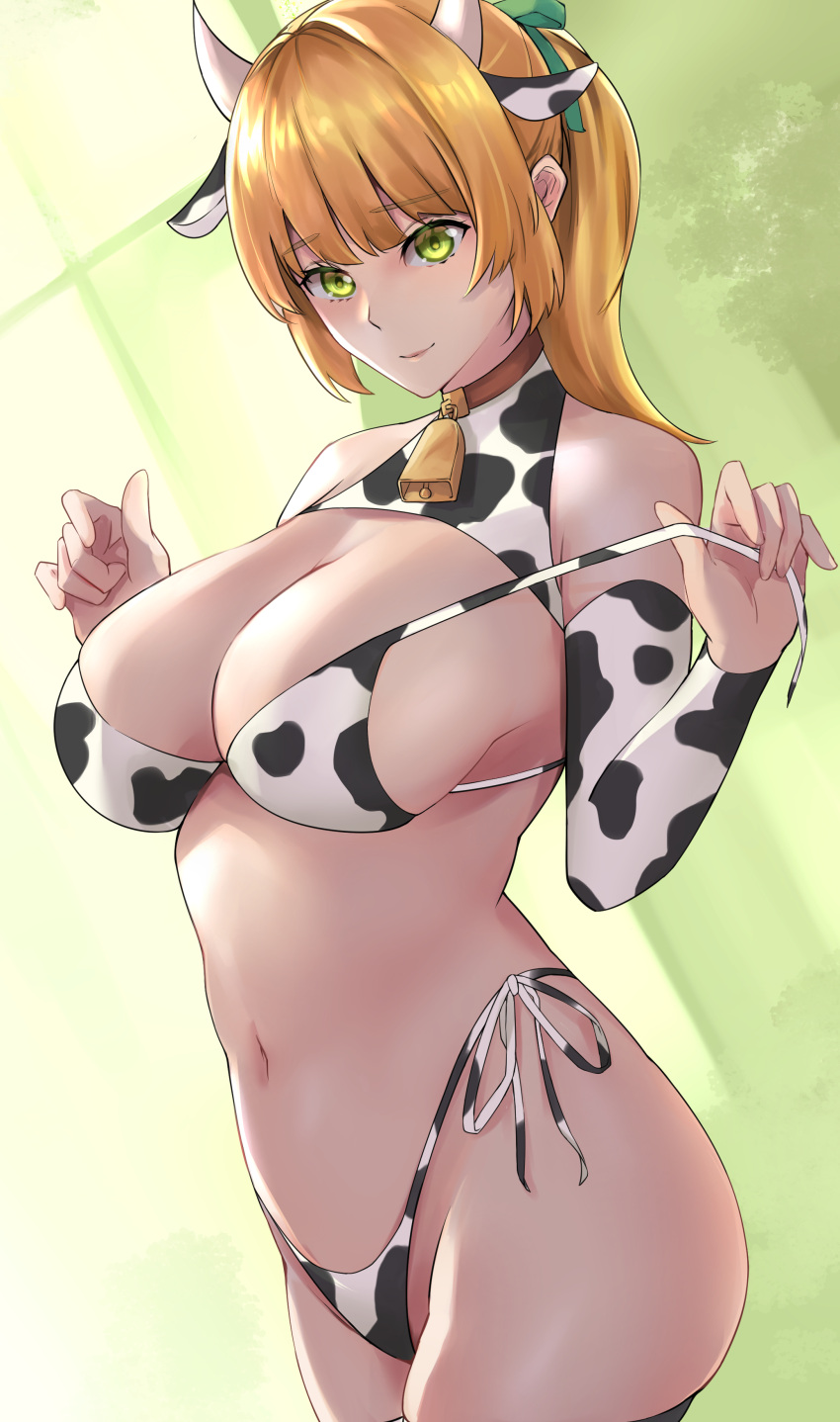 1girl absurdres alternate_hairstyle animal_print bberbn bell bikini breasts closed_mouth collar commentary_request commission cow_print cowbell detached_sleeves fire_emblem fire_emblem:_three_houses green_eyes highleg highleg_bikini highres ingrid_brandl_galatea large_breasts light_smile long_hair navel pixiv_commission ponytail pulled_by_self side-tie_bikini_bottom simple_background solo strap_pull swimsuit thighs