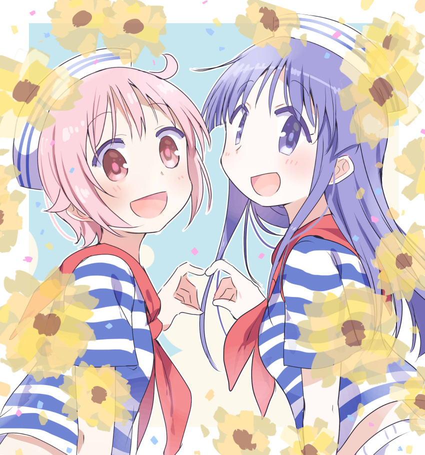 2girls blue_shirt flower hat heart heart_hands heart_hands_duo highres hinata_yukari light_blush looking_at_viewer medium_hair multicolored_clothes multicolored_shirt multiple_girls nonohara_yuzuko open_mouth pink_eyes pink_hair purple_eyes purple_hair red_ribbon ribbon sailor_hat shirt short_sleeves sidelocks striped striped_shirt tatsunokosso upper_body white_shirt yellow_flower yuyushiki