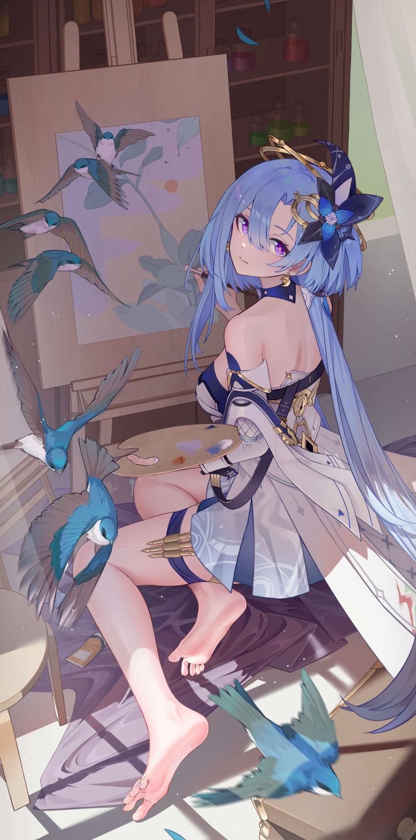 1girl absurdres ahoge ai_dongdong bare_shoulders barefoot beret blue_hair canvas_(object) closed_mouth curtains dress earrings full_body griseo griseo_(cosmic_expression) hair_ornament hat highres holding holding_brush holding_palette honkai_(series) honkai_impact_3rd indoors jewelry long_hair looking_at_viewer looking_back painting_(action) painting_(object) palette_(object) purple_eyes soles solo toes very_long_hair white_dress