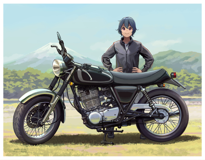 1girl aged_down blue_hair commentary day doyagao hands_on_own_hips highres horikou jacket motor_vehicle motorcycle mount_fuji outdoors purple_eyes revision scenery shima_saki short_hair smug solo yamaha yamaha_sr400 yurucamp