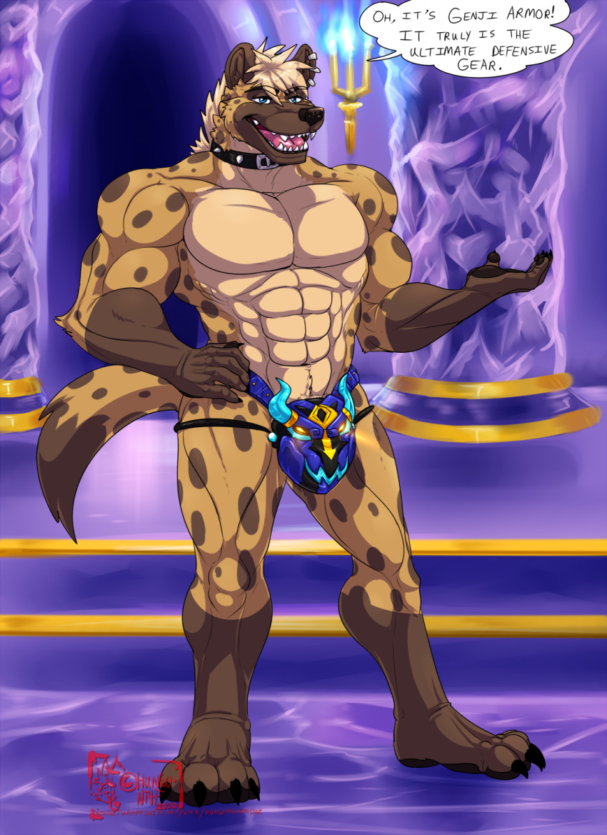 2020 abs anthro armor artist_name athletic athletic_anthro athletic_male biceps big_bulge blue_eyes brown_body brown_fur brown_spots bulge claws clothed clothing collar dated detailed_background dialogue digital_drawing_(artwork) digital_media_(artwork) ear_piercing english_text feet fingers fur hair hand_on_hip hand_on_own_hip hi_res hungothenomster hyena inside jockstrap jockstrap_only looking_at_viewer male mammal multicolored_body multicolored_fur muscular muscular_anthro muscular_male muscular_thighs open_mouth pecs piercing sharp_teeth short_hair solo spacey_the_hyena spiked_collar spikes spots spotted_body spotted_fur spotted_hyena talking_to_viewer tan_body tan_fur tan_hair teeth text toe_claws toes tongue topless underwear underwear_only watermark