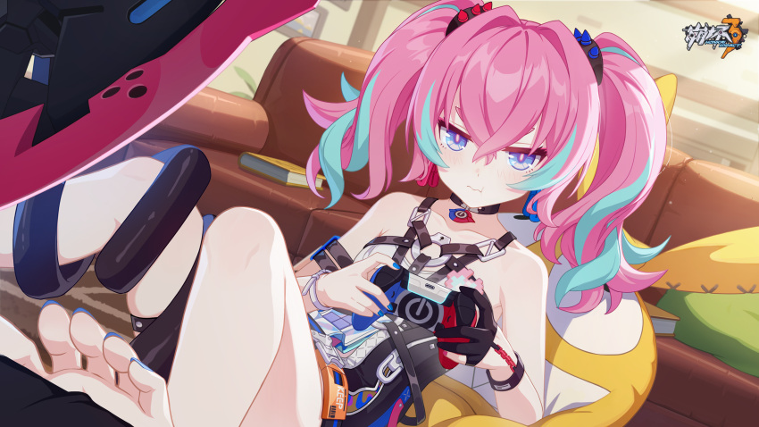 1girl bare_shoulders barefoot blue_nails book bracelet breasts chinese_commentary closed_mouth controller couch crossed_bangs game_controller gloves hair_between_eyes highres holding holding_controller homu_(honkai_impact) honkai_(series) honkai_impact_3rd indoors jewelry multicolored_hair nail_polish official_art official_wallpaper pink_hair rozaliya_olenyeva rozaliya_olenyeva_(fervent_tempo) single_glove sitting small_breasts solo streaked_hair stuffed_animal stuffed_toy toenail_polish toenails toes twintails weapon