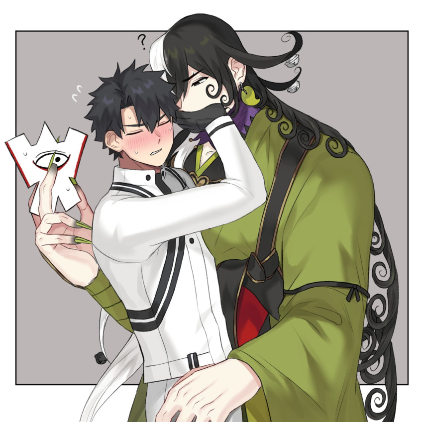 2boys ? ashiya_douman_(fate) asymmetrical_hair black_hair blush covering_mouth curly_hair earrings fate/grand_order fate_(series) fingernails flying_sweatdrops fujimaru_ritsuka_(male) hair_between_eyes half-closed_eyes hand_over_another's_mouth highres japanese_clothes jewelry kimono large_hands long_hair magatama magatama_earrings male_focus multicolored_hair multiple_boys nervous_sweating personification rejected_kiss seum_(kao_husband) sharp_fingernails shikishi shy split-color_hair sweat two-tone_hair unamused very_long_hair white_hair yaoi