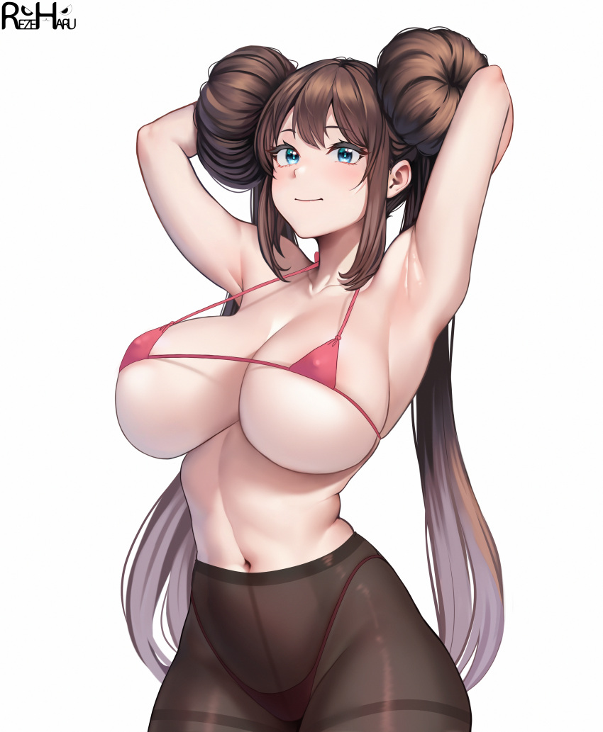 1girl absurdres alternate_breast_size areola_slip arms_behind_head arms_up artist_name bikini blue_eyes breasts brown_hair brown_pantyhose cleavage closed_mouth collarbone covered_nipples cowboy_shot double_bun hair_bun highleg highleg_bikini highres huge_breasts large_breasts linea_alba long_hair looking_at_viewer micro_bikini navel pantyhose pokemon pokemon_(game) pokemon_bw2 red_bikini rezeharu rosa_(pokemon) simple_background smile solo strap_gap swimsuit thighband_pantyhose twintails very_long_hair white_background