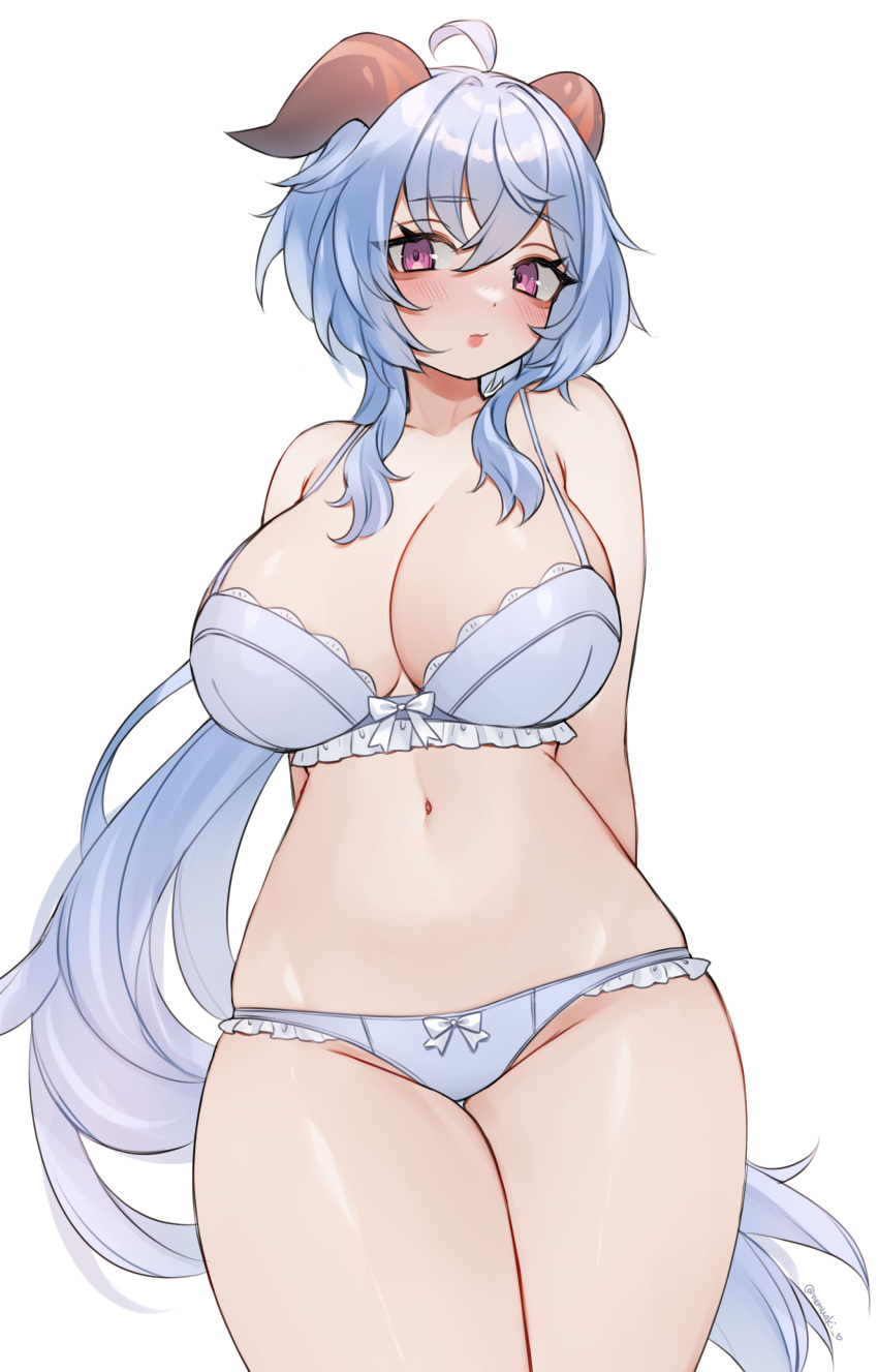 1girl absurdres ahoge arms_behind_back blue_bra blue_hair bow bow_bra bow_panties bra breasts cleavage cowboy_shot ganyu_(genshin_impact) genshin_impact hair_between_eyes highres horns large_breasts long_hair looking_at_viewer navel nemuaki panties purple_eyes simple_background solo standing stomach thick_thighs thighs underwear underwear_only very_long_hair white_background