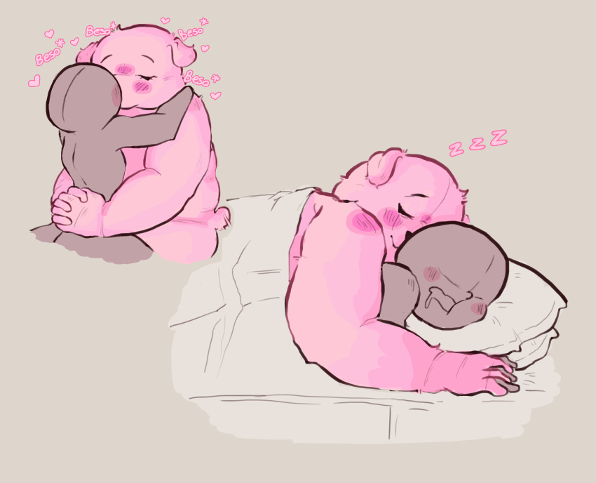 2023 anthro bear bed bedding biped blanket blush duo eyes_closed furniture gordi_(unicorn_wars) hi_res humanoid_hands kissing lying mammal pillow pink_body sleeping slightly_chubby unicorn_wars wgguus