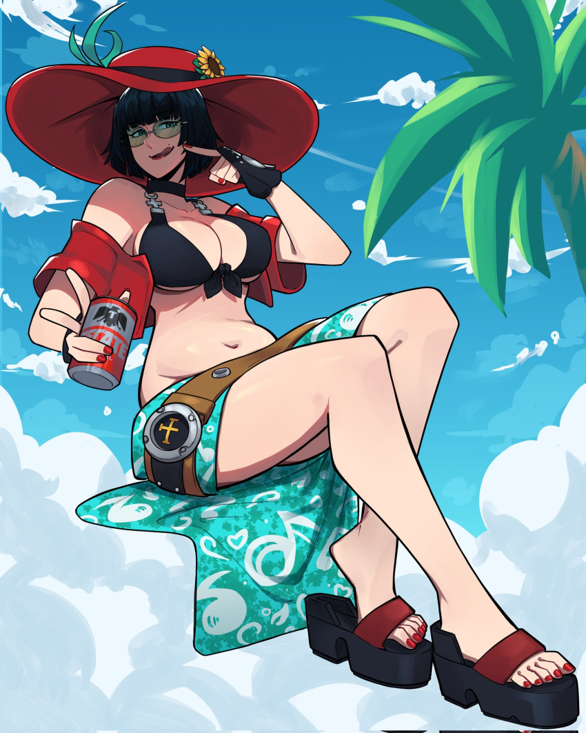 1girl aneurysm_ax black_gloves black_hair blue_sky breasts cleavage cloud commission fingerless_gloves glasses gloves guilty_gear guilty_gear_strive hat highres i-no large_breasts lipstick makeup nail_polish navel palm_tree red_lips red_nails sky solo toenail_polish toenails tongue tongue_out tree