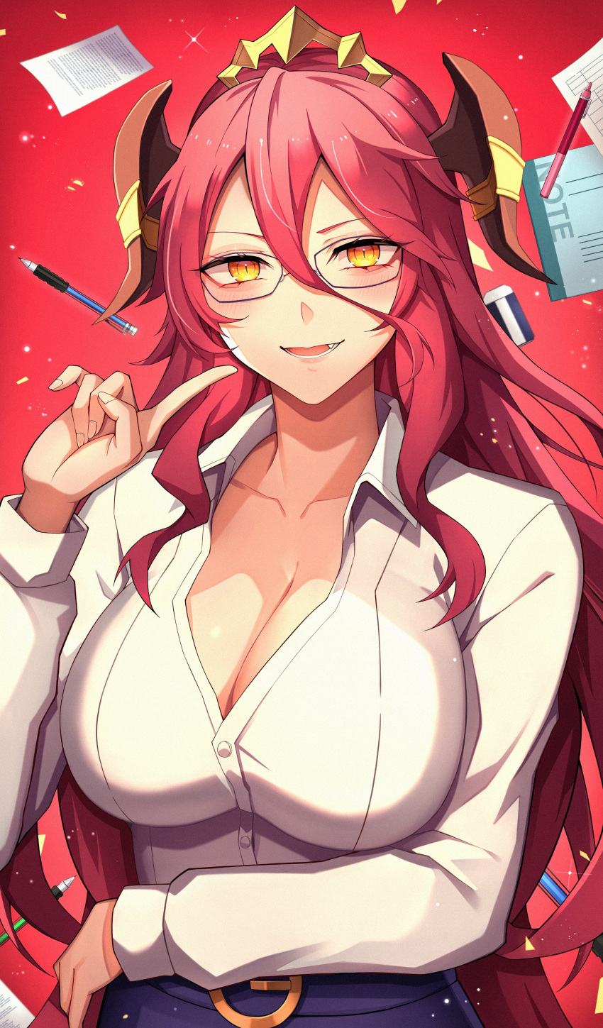 1girl absurdres alternate_costume belt breasts cleavage dragalia_lost dragon_horns eraser finger_to_face glasses hair_between_eyes highres horns large_breasts long_hair looking_at_viewer mechanical_pencil mym_(dragalia_lost) notepad nurufufufu office_lady parted_lips pencil rectangular_eyewear red_background red_hair slit_pupils smile solo teeth tiara upper_body yellow_eyes