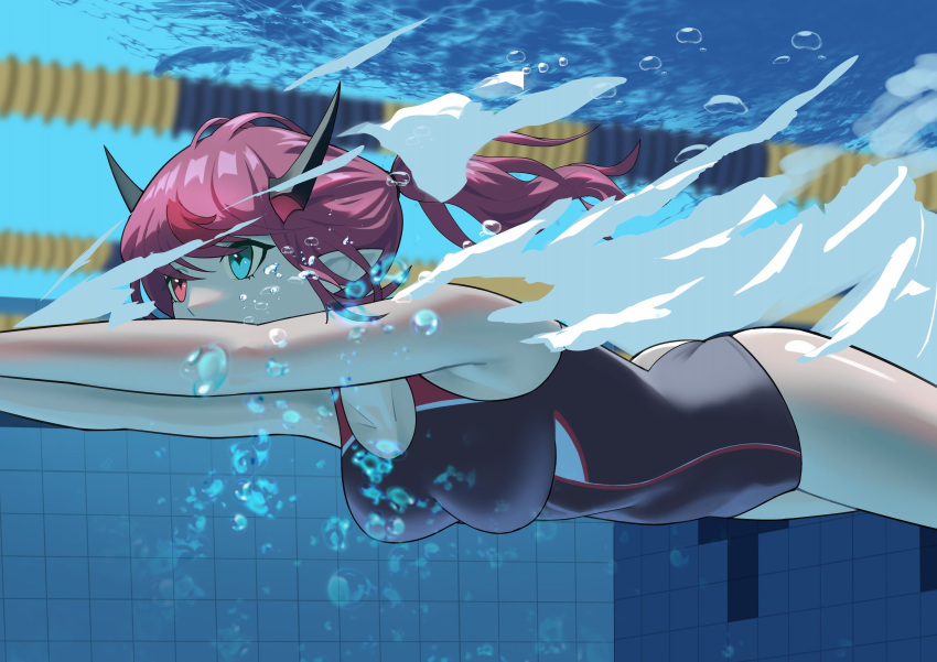 1girl air_bubble blue_eyes breasts bubble competition_swimsuit diving heterochromia highleg highleg_swimsuit highres holding_breath hololive hololive_english horns irys_(hololive) lane_line long_hair medium_breasts multicolored_clothes multicolored_hair multicolored_swimsuit one-piece_swimsuit pointy_ears ponytail pool purple_hair red_hair shift_(shiftillust) solo streaked_hair submerged swimming swimsuit underwater very_long_hair virtual_youtuber water