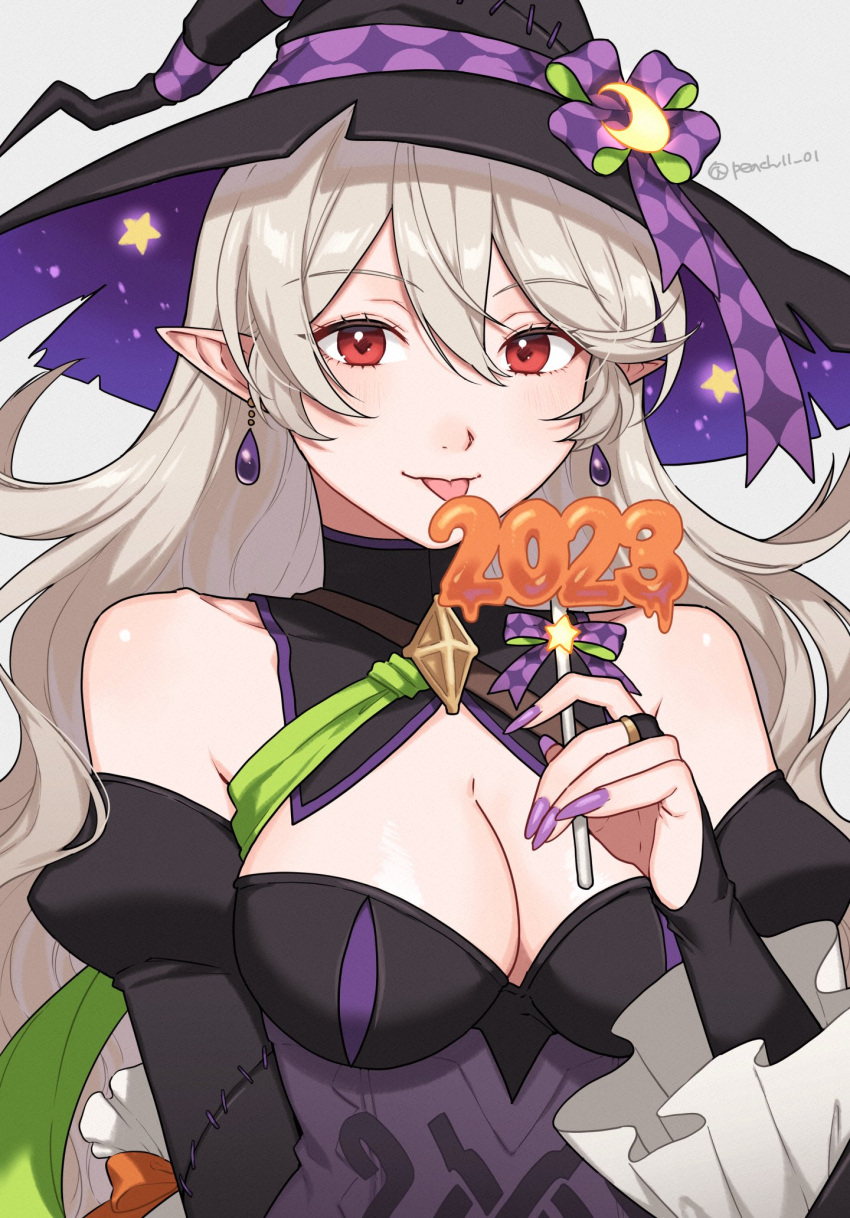 1girl 2023 :p bare_shoulders black_dress black_headwear breasts bridal_gauntlets cleavage commentary_request corrin_(female)_(fire_emblem) corrin_(female)_(halloween)_(fire_emblem) corrin_(fire_emblem) dress fire_emblem fire_emblem_fates fire_emblem_heroes frilled_sleeves frills grey_hair halloween halloween_costume hand_up hat highres holding juliet_sleeves long_hair long_sleeves looking_at_viewer nail_polish off-shoulder_dress off_shoulder official_alternate_costume peach11_01 pointy_ears puffy_sleeves purple_nails red_eyes smile solo tongue tongue_out upper_body very_long_hair witch witch_hat