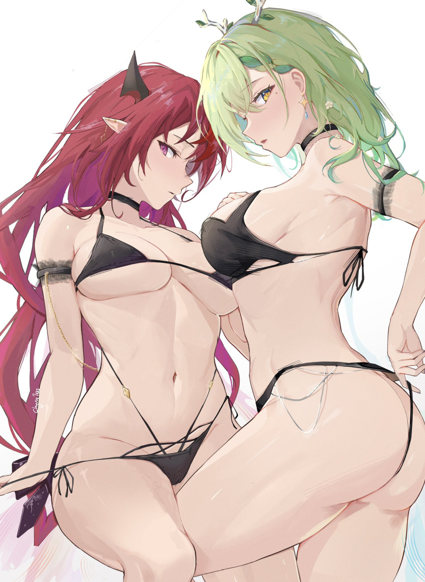 2girls alternate_costume ass bare_shoulders bikini bikini_day black_bikini black_choker breasts ceres_fauna choker chyraliss commentary cowboy_shot earrings expressionless green_hair highres hololive hololive_english irys_(hololive) jewelry large_breasts long_hair looking_at_viewer multi-strapped_bikini multiple_girls navel parted_lips pink_eyes pointy_ears profile red_hair sideways_glance simple_background star_(symbol) star_earrings swimsuit virtual_youtuber white_background yellow_eyes