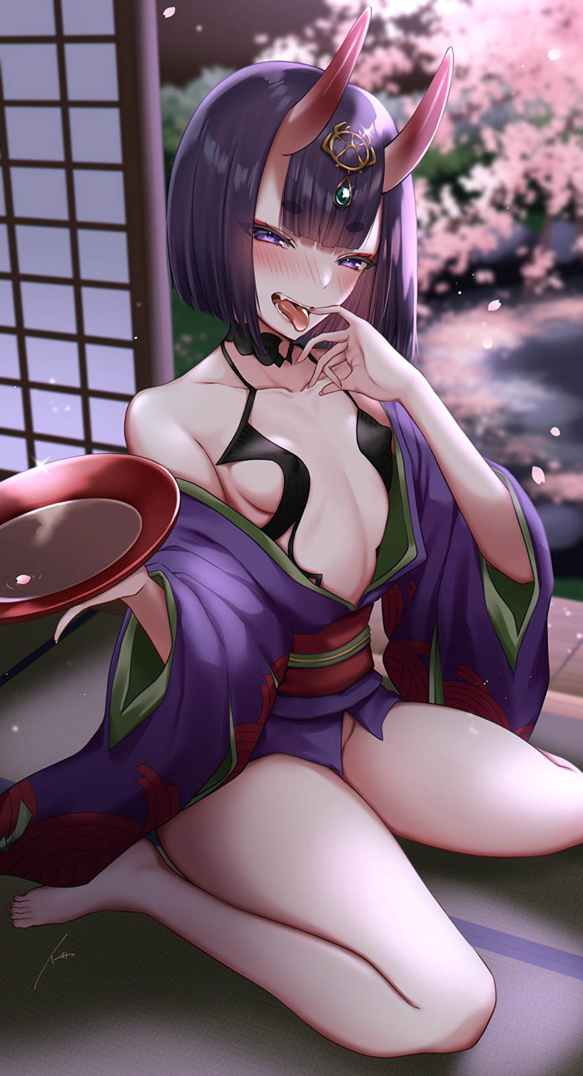 1girl alcohol bare_shoulders barefoot bob_cut breasts collarbone cup eyeliner fate/grand_order fate_(series) headpiece highres horns ichi_kq japanese_clothes kimono long_sleeves looking_at_viewer makeup obi off_shoulder oni oni_horns open_mouth purple_eyes purple_hair purple_kimono revealing_clothes sakazuki sake sash short_hair short_kimono shuten_douji_(fate) skin-covered_horns small_breasts smile solo tongue tongue_out wide_sleeves