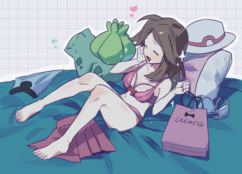 1girl :d bag barefoot blush bra brown_hair bulbasaur closed_eyes commentary_request flying_sweatdrops hair_flaps hands_up hat heart highres kienai_11 knees leaf_(pokemon) legs long_hair open_mouth panties pillow pink_bra pink_panties pokemon pokemon_(creature) pokemon_frlg shopping_bag sidelocks skirt smile toes underwear unworn_bra unworn_hat unworn_headwear unworn_shirt unworn_skirt