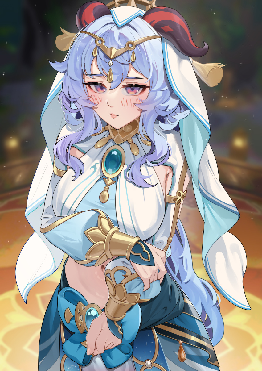 1girl absurdres ahoge arm_under_breasts blue_gemstone blue_hair blush bracer breasts brooch circlet cosplay crop_top dancer esencey ganyu_(genshin_impact) gem genshin_impact gold_choker harem_outfit highres horns jewelry large_breasts long_hair long_sleeves looking_at_viewer neck_ring nilou_(genshin_impact) nilou_(genshin_impact)_(cosplay) puffy_long_sleeves puffy_sleeves purple_eyes sidelocks solo standing veil white_headdress white_veil