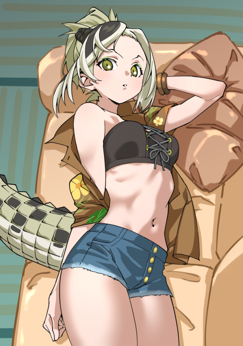 1girl absurdres black_hair braid breasts brown_shirt commentary couch crocodilian_tail crown_braid cutoffs forehead from_above green_eyes green_hair highres kemono_friends looking_at_viewer lying medium_breasts midriff multicolored_hair navel off_shoulder on_couch parted_lips pillow ribs saltwater_crocodile_(kemono_friends) shirt short_shorts shorts single_bare_shoulder solo tail tanabe_(fueisei) two-tone_hair