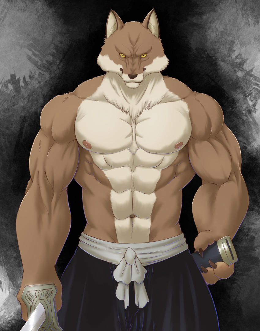 2023 abs anthro black_nose bleach_(series) brown_body brown_fur canid canine canis chibikoma claws clothed clothing finger_claws fingers fur hi_res humanoid_hands katana male mammal melee_weapon multicolored_body multicolored_fur muscular muscular_anthro muscular_male navel nipples pecs sajin_komamura solo sword topless topless_anthro topless_male two_tone_body two_tone_fur weapon whiskers white_body white_fur wolf