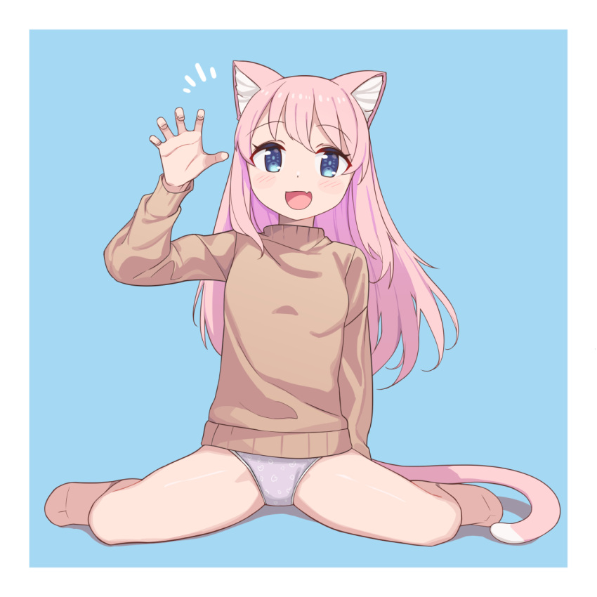 1girl :d animal_ears bare_legs blue_background blue_eyes brown_sweater cat_ears cat_girl cat_tail claw_pose dot_nose fang full_body grey_panties hair_between_eyes hand_up highres long_hair long_sleeves looking_at_viewer no_pants open_mouth original panties pink_hair saiste simple_background sitting skin_fang smile solo sweater tail underwear wariza