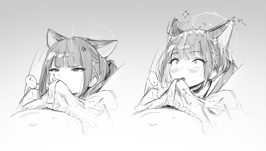 ... 1boy 1girl anger_vein animal_ears blue_archive bulge cat_ears commentary_request erection erection_under_clothes greyscale hair_ornament hairclip half-closed_eyes halo heart hetero highres kazusa_(blue_archive) lower_teeth_only monochrome negiuma open_mouth sketch smelling smelling_penis speech_bubble spoken_ellipsis teeth wide-eyed