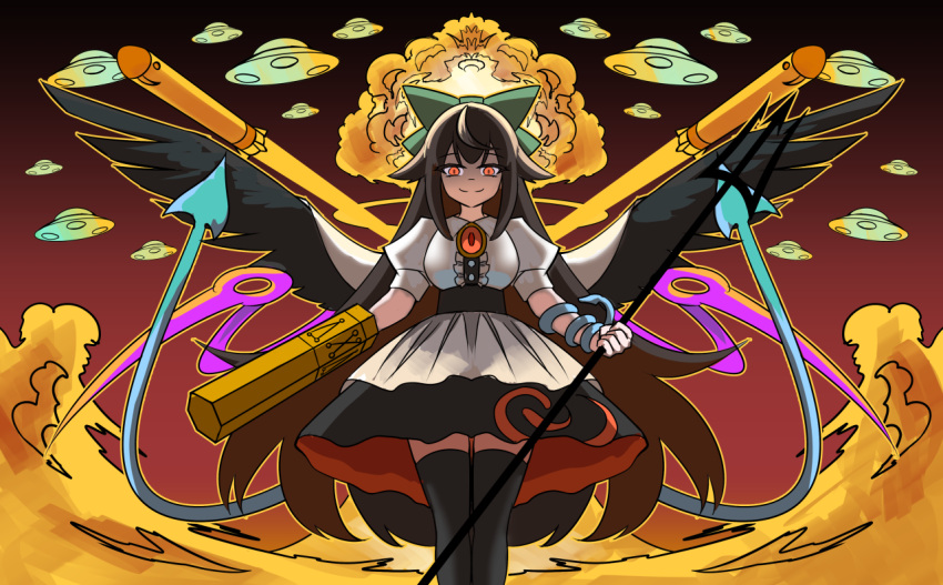 1girl a-xii arm_cannon bird_wings black_skirt black_thighhighs black_wings blue_wings bow breasts brown_hair buttons cape center_frills closed_mouth collared_shirt commentary_request control_rod explosion feet_out_of_frame frills fusion glowing glowing_eyes green_bow hair_bow holding_trident houjuu_nue large_breasts long_hair looking_at_viewer medium_bangs mimi-chan missile orange_eyes pink_wings puffy_short_sleeves puffy_sleeves reiuji_utsuho shaded_face shirt short_sleeves skirt slit_pupils smile snake solo split_mouth standing thighhighs third_eye tomoe_(symbol) touhou touhou_(pc-98) ufo weapon white_cape white_shirt wings