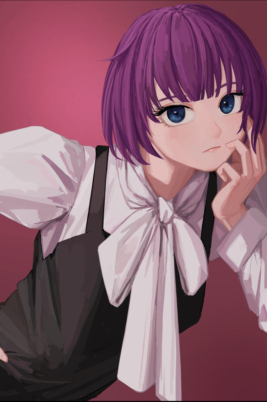 1girl absurdres black_dress blue_eyes bow closed_mouth dress expressionless hand_on_own_face hand_up highres long_hair monogatari_(series) nemo_ringo purple_hair senjougahara_hitagi shirt short_hair solo white_bow white_shirt