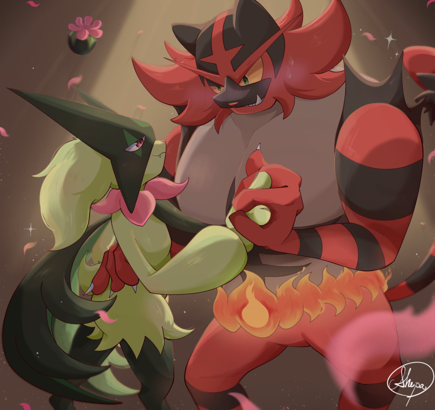 animal_hands animal_nose blush dancing feet_out_of_frame fire flame furry green_fur green_hair highres holding_hands incineroar looking_at_another meowscarada pokemon pokemon_(creature) pokemon_(game) pokemon_sv red_eyes shepamaru smile two-tone_fur