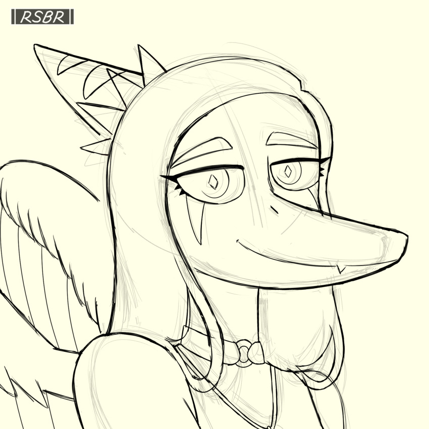 anthro choker clothed clothing dinosaur fang_(gvh) feathered_wings feathers female goodbye_volcano_high hair headshot_portrait hi_res jewelry long_hair long_snout looking_at_viewer makeup monochrome necklace portrait pterosaur pupils reptile rsbr scalie silver_hair simple_background sketch slit_pupils snoot_game_(fan_game) snout solo white_background wings