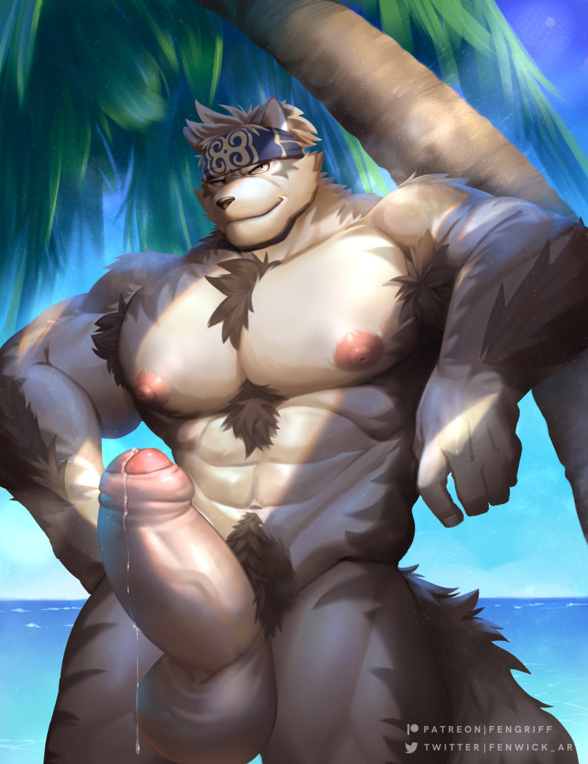 abs absurd_res accessory anthro balls big_penis bodily_fluids canid canine canis erection fenwick_art foreskin fur genital_fluids genitals grey_body grey_fur headband hi_res horkeu_kamui_(tas) huge_penis lifewonders male mammal muscular muscular_anthro muscular_male nipples nude outdoor_nudity outside palm_tree pecs penis plant precum pubes solo tokyo_afterschool_summoners tree wolf