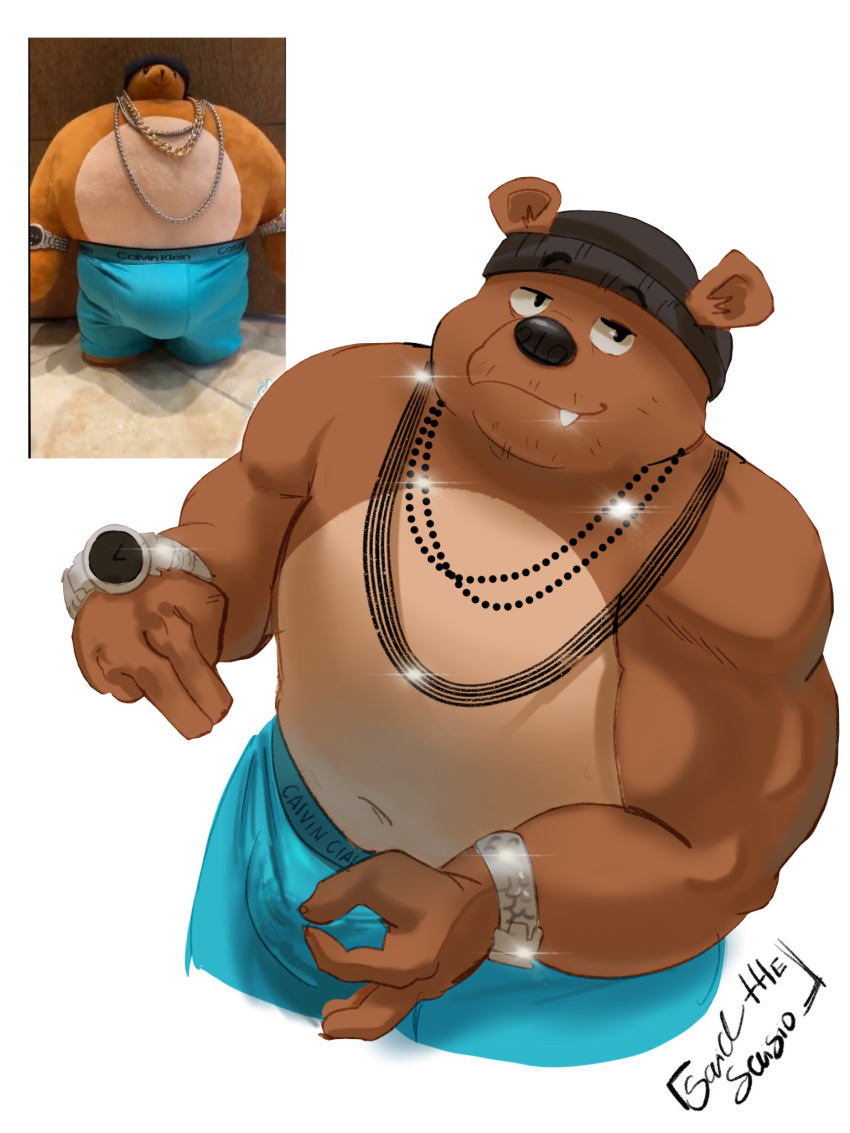 1boy bara beanie blue_shorts bracelet bulge come_hither cropped_legs from_above furry furry_male gangster gesture_request glint hat highres jewelry looking_at_viewer male_focus mature_male money_gesture muscular muscular_male navel no_nipples original pip_the_bear reference_inset saisio seductive_smile shorts smile solo sparse_stubble thick_eyebrows topless_male watch wristwatch