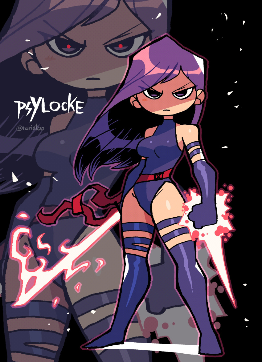 1girl absurdres black_background boots breasts energy_sword facing_viewer gloves highres leotard long_hair looking_at_viewer marvel medium_breasts psylocke purple_eyes purple_gloves purple_hair rariatto_(ganguri) shaded_face solo sword thigh_boots v-shaped_eyebrows weapon x-men