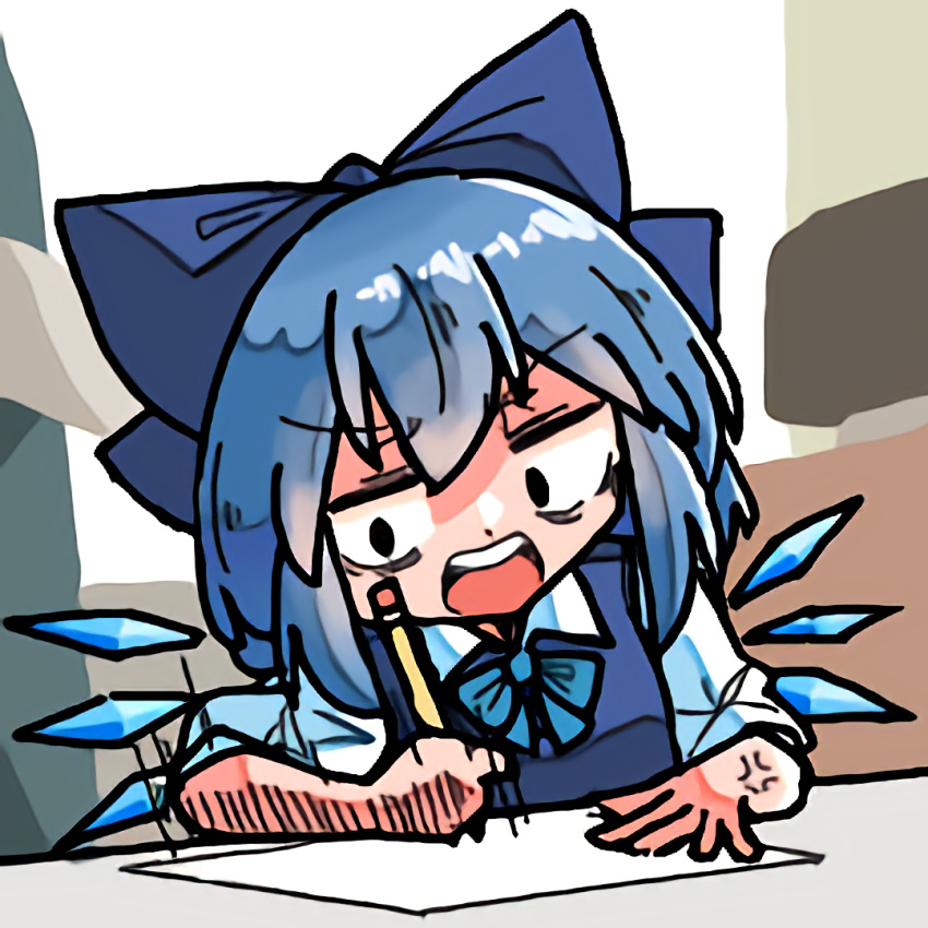 1girl anger_vein blue_bow blue_hair bow cirno collared_shirt commentary_request constricted_pupils detached_wings drawing hair_bow holding holding_pencil ice ice_wings jitome kasuya_baian meme_request open_mouth paper partial_commentary pencil puffy_short_sleeves puffy_sleeves shirt short_hair short_sleeves solo teeth touhou upper_teeth_only v-shaped_eyebrows white_shirt wings