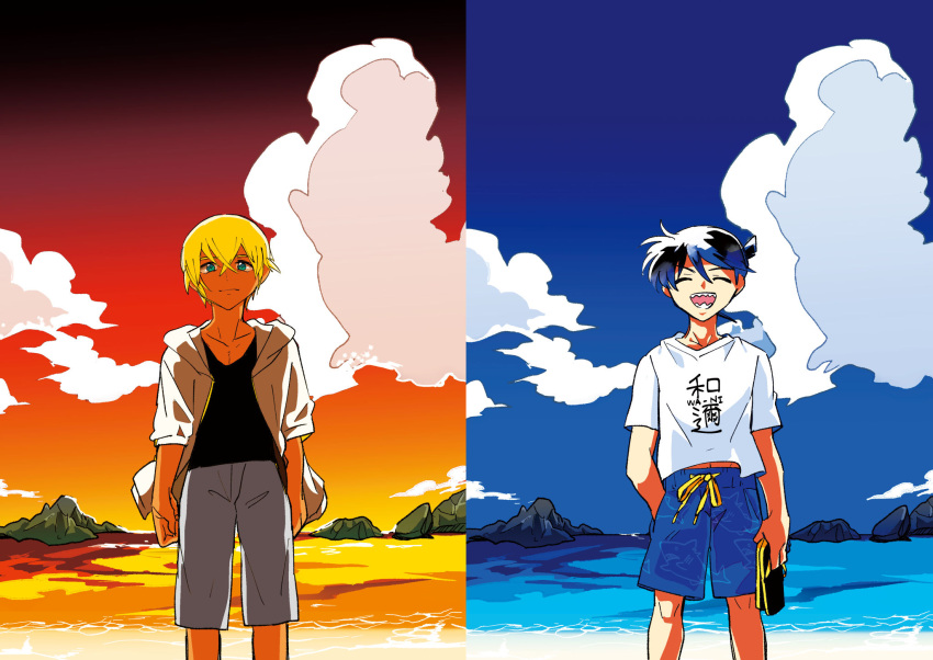 2boys amuro_tooru beach black_hair black_shirt blonde_hair blue_eyes closed_eyes cloud collarbone dark-skinned_male dark_skin edogawa_conan grey_pants hair_between_eyes highres holding holding_clothes holding_footwear holding_sandals jacket korya_ikan male_swimwear meitantei_conan midriff_peek multiple_boys open_mouth pants shark_print sharp_teeth shirt shore short_hair sunset swim_trunks teeth translation_request white_jacket white_shirt