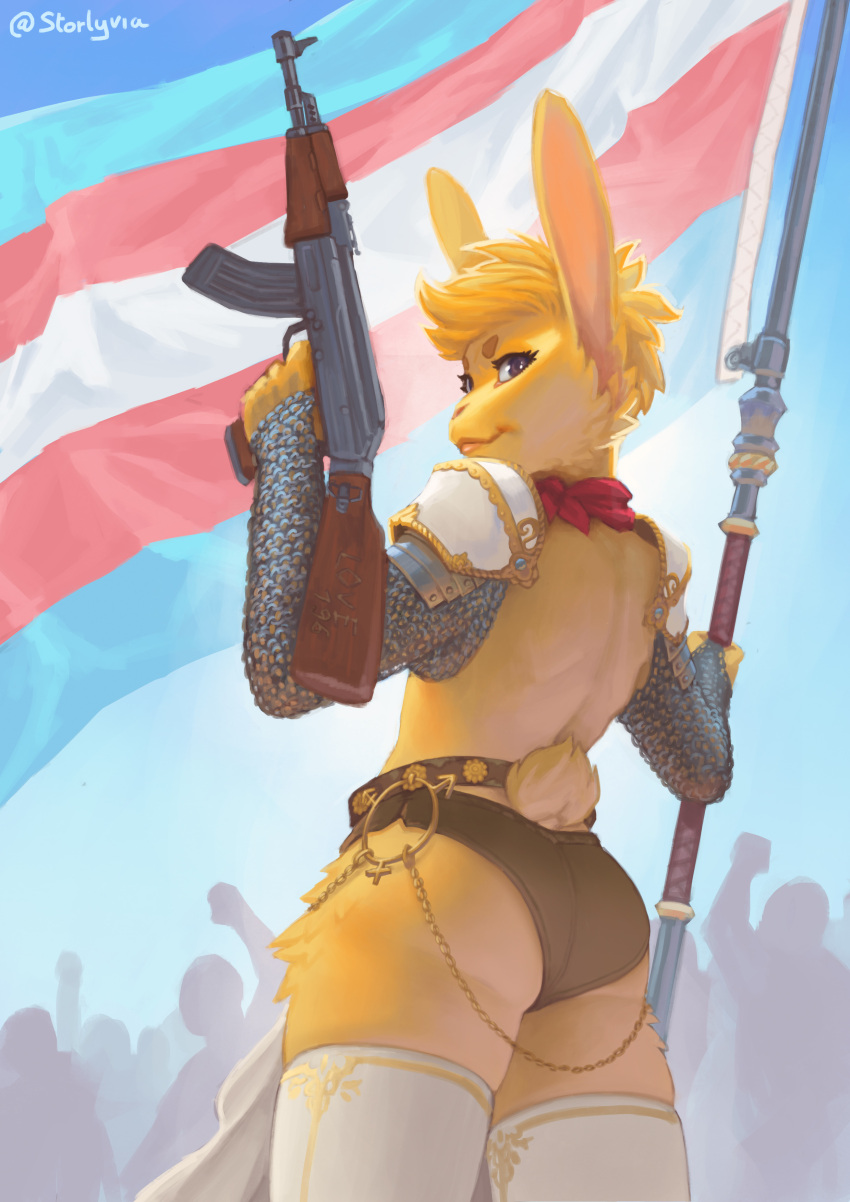 196 absurd_res ambiguous_gender anthro armor banner big_butt bubble_butt butt chainmail clothing fur girly group gun hi_res lagomorph legwear leporid lgbt_pride male mammal panties pride_color_flag pride_colors rabbit ranged_weapon reddit silhouette solo_focus spronkus spronkus_kronkus starlyve thick_thighs thigh_highs transgender_pride_colors underwear weapon yellow_body yellow_fur