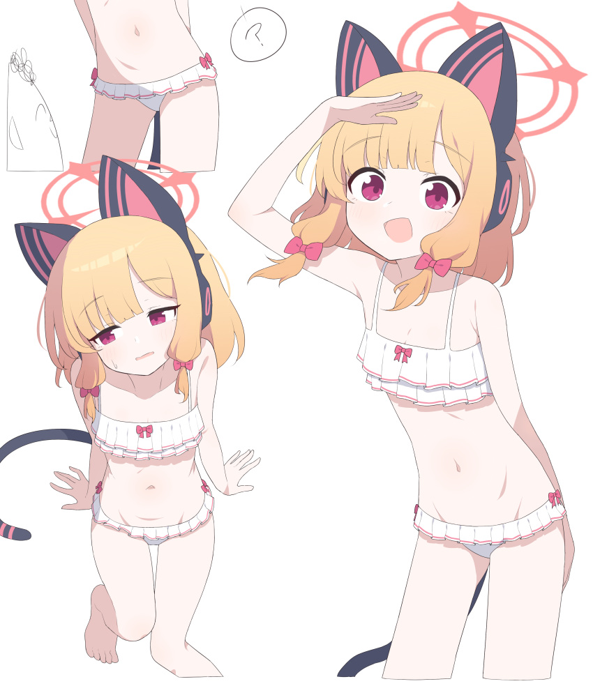 1boy 1girl ? absurdres alternate_costume animal_ear_headphones animal_ears arm_support arona's_sensei_doodle_(blue_archive) averting_eyes bikini blonde_hair blue_archive blunt_bangs bow bow_bikini breasts cat_ear_headphones cat_ears cat_tail commentary cropped_legs fake_animal_ears fake_tail frilled_bikini frills hagoonha hair_bow halo headphones highres invisible_chair looking_at_viewer low_tied_sidelocks momoi_(blue_archive) multiple_views navel open_mouth parted_lips pink_bow pink_eyes pink_halo sensei_(blue_archive) shading_eyes short_hair sitting small_breasts spoken_question_mark stomach swimsuit tail white_bikini