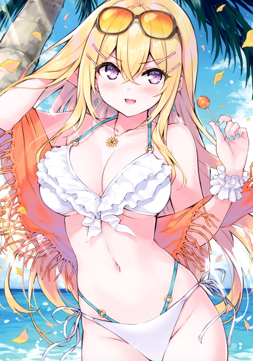 1girl absurdres bare_shoulders bikini blonde_hair blue_sky blush breasts candy cleavage collarbone cu-no day earrings eyewear_on_head fingernails food frills hair_ornament hairclip hakurei_botan highres hisen_kaede holding holding_food jewelry layered_bikini lips lollipop long_hair looking_at_viewer medium_breasts nail_polish navel necklace o-ring o-ring_bikini ocean open_mouth outdoors palm_tree petals purple_eyes scan scrunchie simple_background sky smile solo stomach sunglasses swimsuit thighs tree water white_bikini wrist_scrunchie