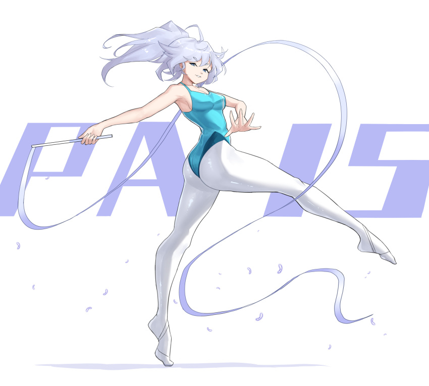 1girl absurdres armpits blue_eyes english_text girls'_frontline gymnastics gymnastics_ribbon highres leotard looking_at_viewer official_alternate_costume pa-15_(dance_in_the_ice_sea)_(girls'_frontline) pa-15_(girls'_frontline) pantyhose ponytail rhythmic_gymnastics solo standing standing_on_one_leg thighhighs thighs toe_shoes tofu_(killer150) white_background white_hair white_thighhighs