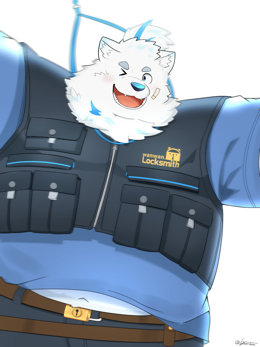 absurd_res anthro bandage belly belt blue_eyes canid canine canis clothing domestic_dog fur hi_res kumatoron lifewonders live_a_hero male mammal navel one_eye_closed overweight shirt solo t-shirt topknot topwear vest white_body white_fur wink yohack