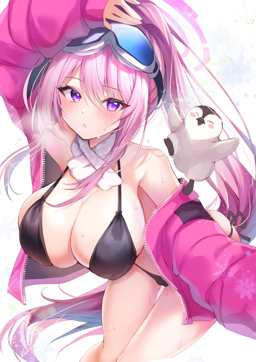 1girl absurdres animal bikini bird black_bikini blue_archive blush commentary_request eimi_(blue_archive) eimi_(swimsuit)_(blue_archive) eyelashes feet_out_of_frame goggles goggles_on_head hair_between_eyes halo highres jacket long_hair long_sleeves looking_at_viewer nenobi_(nenorium) official_alternate_costume open_clothes open_jacket parted_lips partial_commentary penguin pink_eyes pink_hair pink_halo pink_jacket ponytail solo sunglasses swimsuit very_long_hair